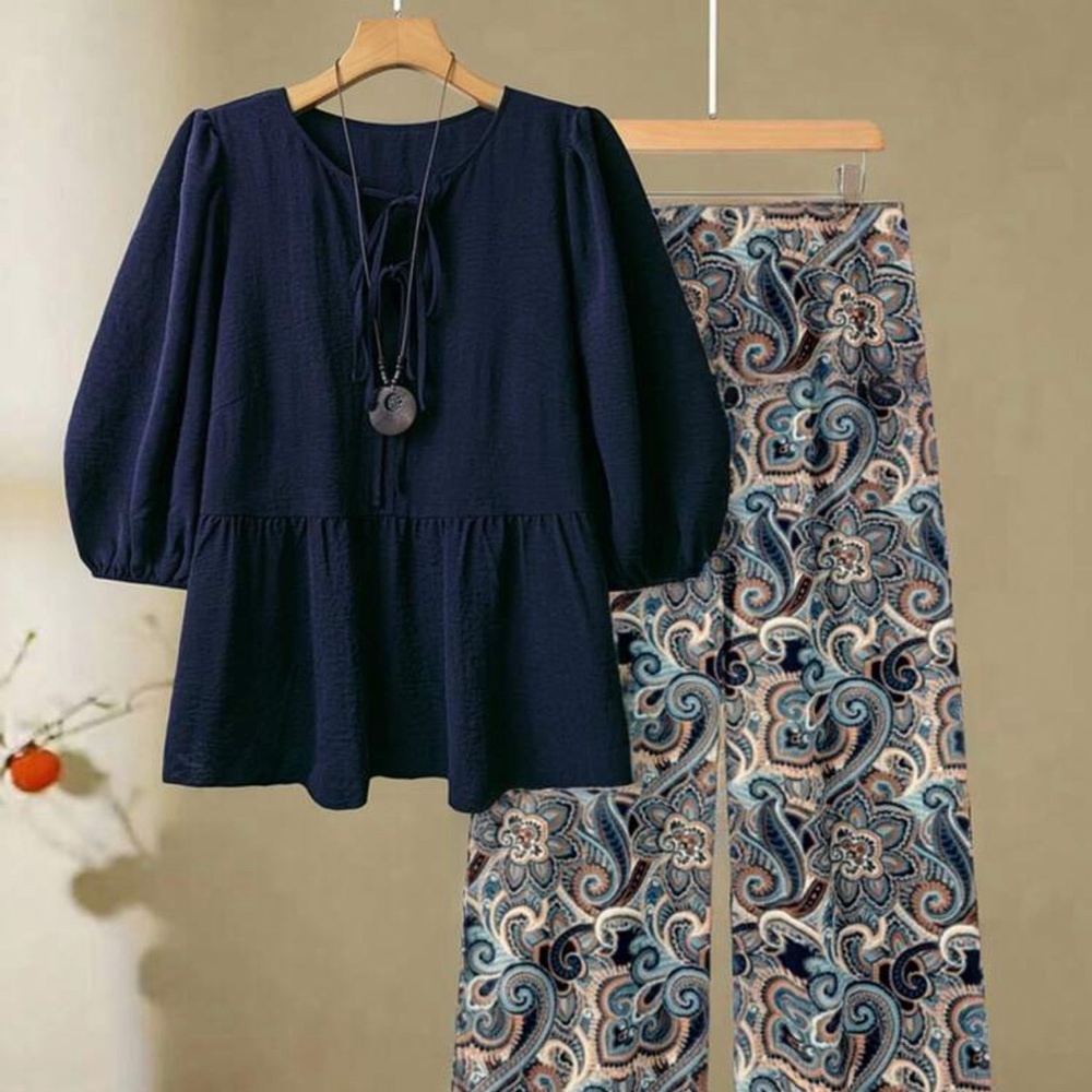 Linhara Women's Bow-Knot Front Peasant Blouse & Floral Print Wide Leg Pants Set